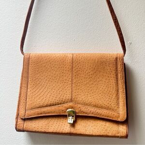 Genuine Ostrich Vintage Elegant Tan Leather Shoulder Bag -  Clutch exotic purse